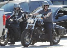 Hugh Laurie - Riding his Harley Davidson along the Sunset Boulevard - March 2012