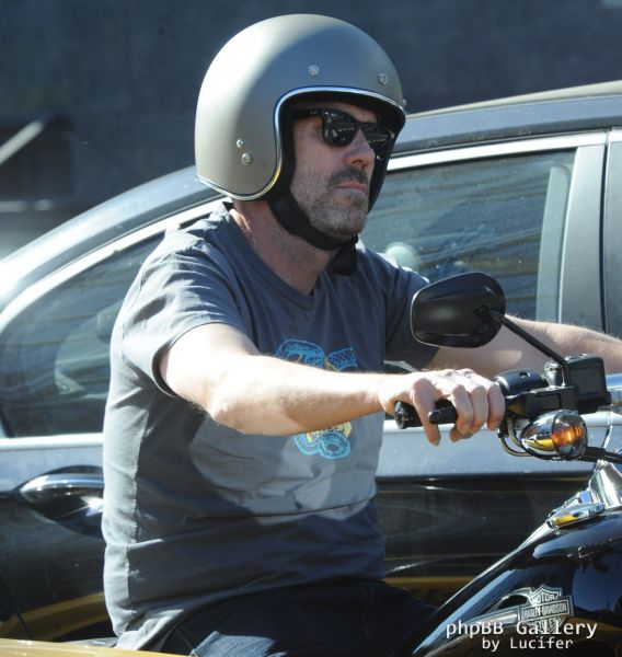 Hugh Laurie - Riding his Harley Davidson along the Sunset Boulevard - March 2012