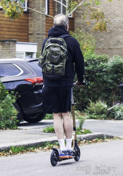 Hugh Laurie on his scooter seen in London Hampstead Oct 9 2017