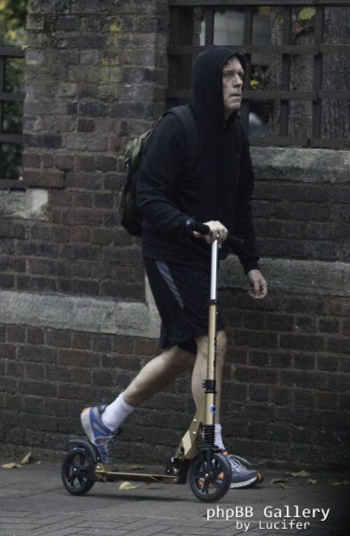 Hugh Laurie on his scooter seen in London Hampstead Oct 9 2017